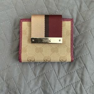 Gucci Beige/Burgundy GG Canvas and Leather Web Flap French Wallet